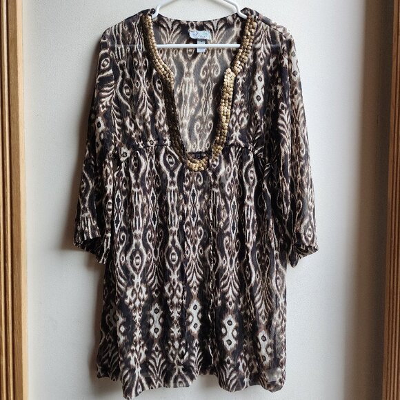 Bali Club Brown/Cream Native Tropical Print Tunic Size Medium - Picture 1 of 14